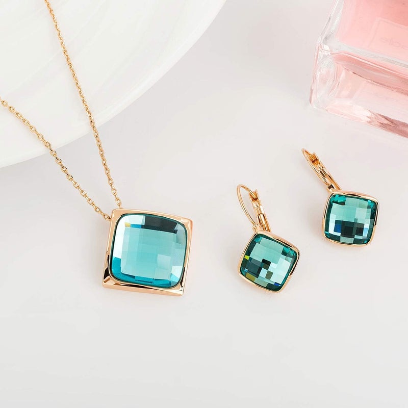 EVEVIC Square Austrian Crystal Necklace Earrings Set for Women 18K Gold Plated Jewelry Set (Teal Green) - Image 5